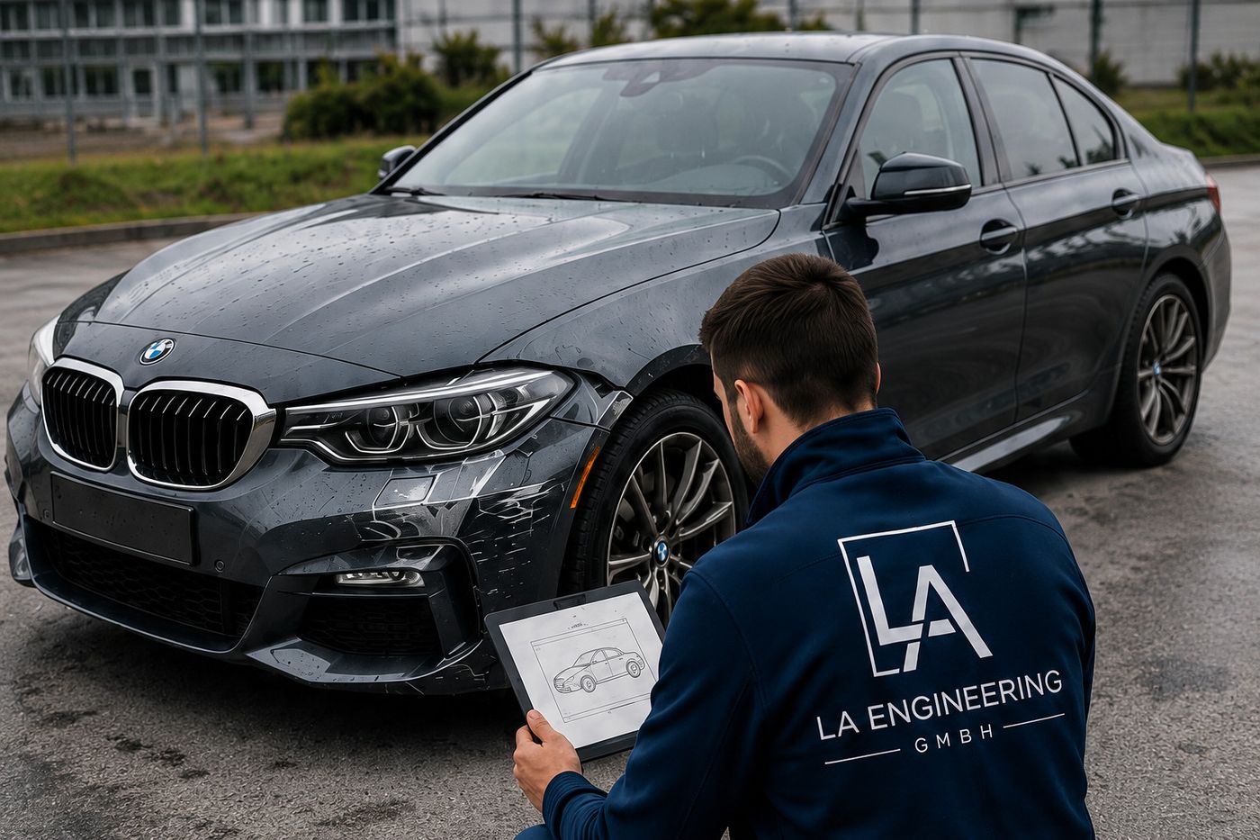 Kfz-Sachverständiger von LA Engineering bei der Begutachtung eines beschädigten Fahrzeugs